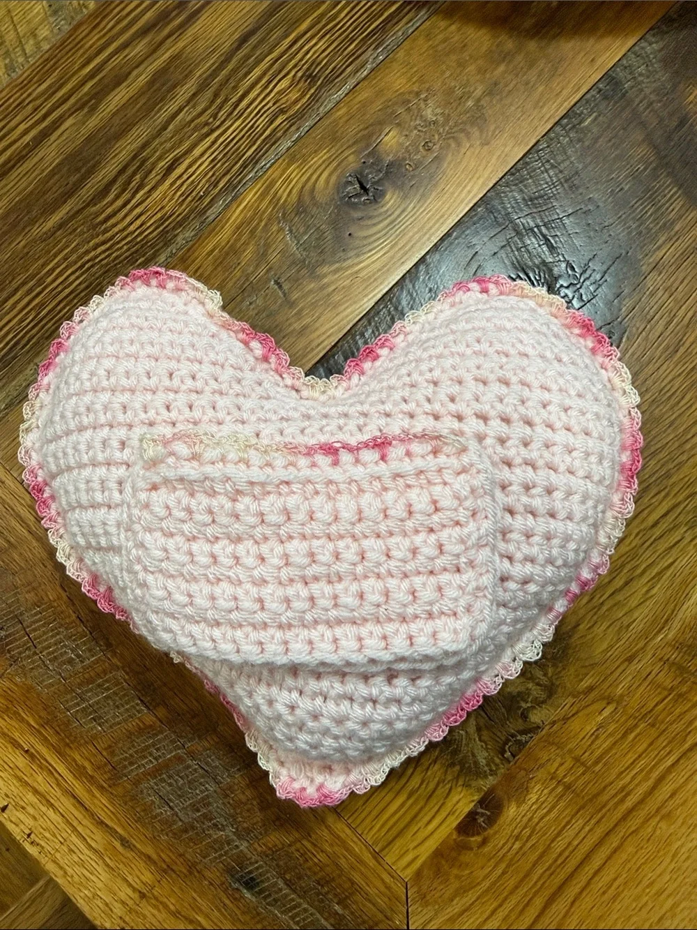 Handmade Pink Crochet Heart Tooth Fairy Pillow with Scalloped Edge